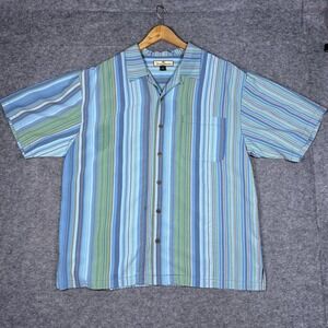 Tommy Bahama Shirt Mens XL Blue Green 100% Silk Hawaiian Striped